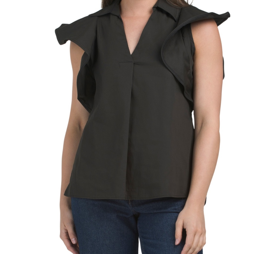 KAKTUS short flounce sleeve blouse Elegant Black Ruffle Sleeve Top
